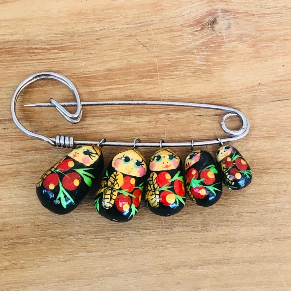 Vintage Russian Nesting Doll Matryoshka Brooch Wood Dolls Pin